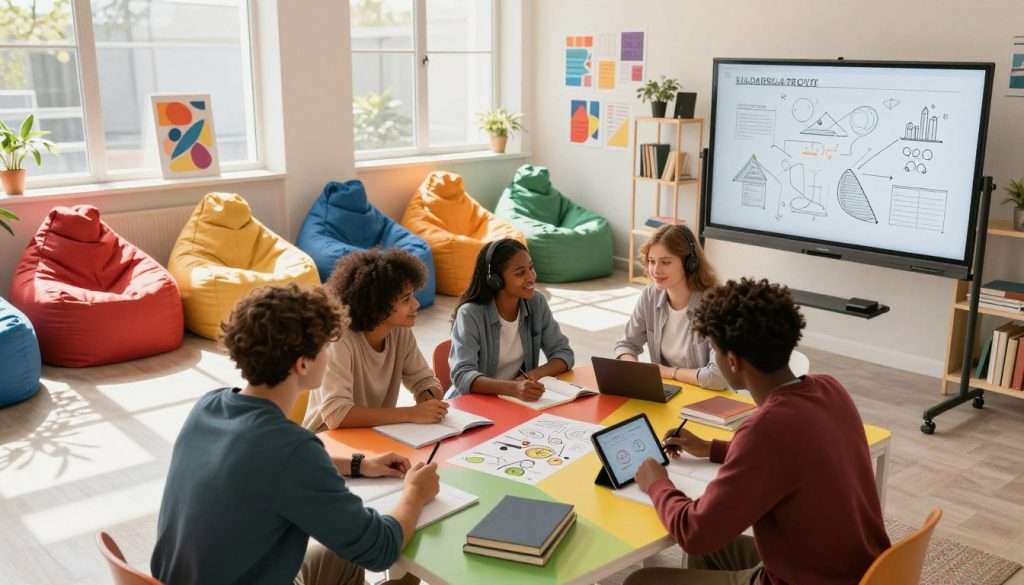 A lively study scene in a modern, well-lit room, featuring diverse students engaged in innovative study methods. In the foreground, a group of four students are seated around a colorful table, enthusiastically collaborating on a project, surrounded by books, digital devices, and charts. One student is using a tablet to illustrate concepts on a digital whiteboard. The middle ground showcases a cozy reading nook filled with vibrant bean bags and posters that inspire creativity and positivity. In the background, large windows allow natural light to flood the space, casting warm shadows. The atmosphere is energetic and optimistic, illustrating a balance of fun and focus. The lighting is soft yet bright, creating an inviting ambiance that encourages learning and collaboration.