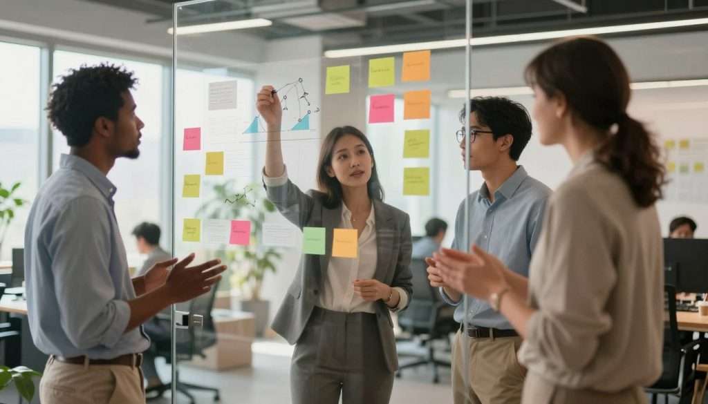 A modern office environment depicting adaptability in the workplace. In the foreground, a diverse group of three professionals in business attire—one woman and two men—are engaged in a dynamic brainstorming session, exchanging ideas with enthusiasm. In the middle ground, a large glass board displays colorful sticky notes and diagrams, symbolizing innovation and growth. The background features a bright, well-lit office space with plants and large windows letting in natural light, creating an inviting atmosphere. Soft, warm lighting enhances the sense of focus and collaboration. The image captures a feeling of energy and determination, emphasizing the theme of constant growth and adaptability in a professional setting.