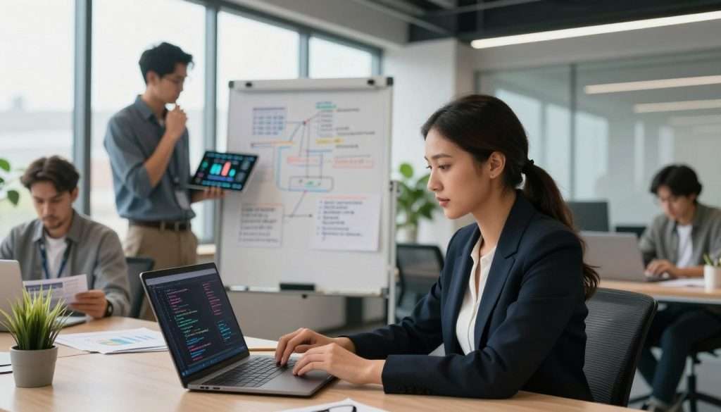 A modern office environment with a diverse group of professionals deeply engaged in problem-solving and coding with AI. In the foreground, a confident woman in smart business attire is coding on a laptop, her screen displaying complex algorithms and AI models. Beside her, a thoughtful man in casual yet professional clothing reviews data on a tablet, with charts and graphs illustrating insights. In the middle, a whiteboard filled with flowcharts and diagrams represents brainstorming sessions. The background features large windows letting in natural light, creating a bright and inspiring atmosphere. The room has a sleek, contemporary design with plants for a touch of life. Soft lighting enhances focus, while the overall mood conveys innovation, collaboration, and determination.