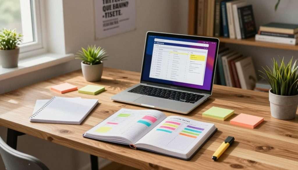 A modern study space filled with personalized study plans scattered across a sleek, wooden desk. In the foreground, an open notebook displays colorful and organized study schedules, surrounded by neatly arranged stationery, such as colorful sticky notes and highlighters. The middle ground features a laptop with a vibrant digital app showing a customized study plan, while a motivational poster adorns the wall, depicting inspirational quotes related to focus and productivity. In the background, shelves are filled with academic books and potted plants, enhancing the calm atmosphere. Soft, natural light streams through a nearby window, creating a warm and inviting ambiance, shot from a slightly elevated angle to capture the entire scene, evoking a feeling of inspiration and determination for overcoming study plateaus.
