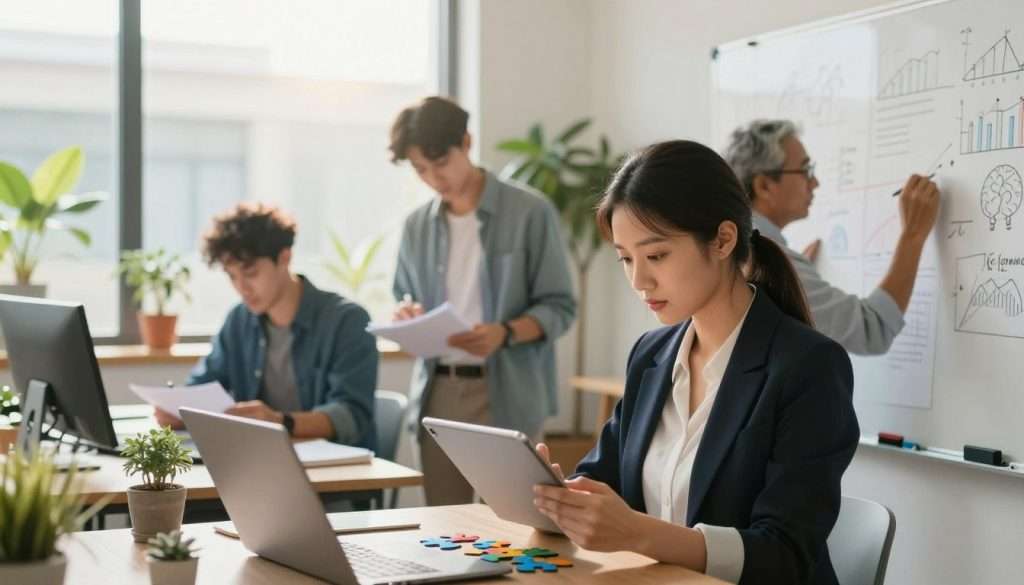A modern workspace featuring a diverse group of four individuals engaged in various cognitive activities. In the foreground, a young woman in professional business attire studies a puzzle on her tablet, while a middle-aged man scribbles ideas on a whiteboard filled with charts and diagrams. In the middle ground, a focused young man collaborates with a colleague, sharing notes on brain training techniques. The background showcases large windows with sunlight streaming in, illuminating plants that symbolize growth and learning. The atmosphere is vibrant and dynamic, evoking a sense of productivity and intellectual challenge. Use a soft-focus lens to enhance the warmth of the scene, creating an inviting environment. The overall mood should reflect concentration and engagement in sharpening cognitive skills.