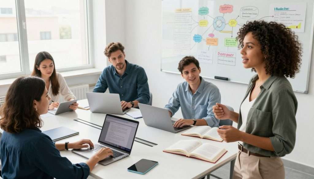 A modern workspace, featuring a diverse group of four professionals engaged in a collaborative learning session. In the foreground, a woman with curly hair, wearing smart casual attire, is enthusiastically sharing ideas with her colleagues. The middle layer captures two men and another woman, all taking notes on laptops and tablets, surrounded by open textbooks and digital devices, emphasizing practical application of knowledge. The background showcases a large whiteboard filled with colorful mind maps and annotations related to various skills. Bright, natural light streams in through large windows, creating an optimistic and inspiring atmosphere. The camera angle is slightly elevated, allowing a wide view of the teamwork in action, conveying a sense of engagement and productivity. The overall mood is energetic and focused, reflecting the theme of maximizing learning potential. A modern workspace, featuring a diverse group of four professionals engaged in a collaborative learning session. In the foreground, a woman with curly hair, wearing smart casual attire, is enthusiastically sharing ideas with her colleagues. The middle layer captures two men and another woman, all taking notes on laptops and tablets, surrounded by open textbooks and digital devices, emphasizing practical application of knowledge. The background showcases a large whiteboard filled with colorful mind maps and annotations related to various skills. Bright, natural light streams in through large windows, creating an optimistic and inspiring atmosphere. The camera angle is slightly elevated, allowing a wide view of the teamwork in action, conveying a sense of engagement and productivity. The overall mood is energetic and focused, reflecting the theme of maximizing learning potential.