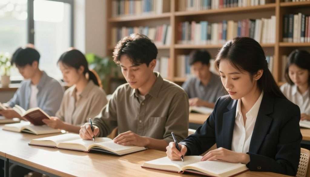 A serene and focused library scene depicting a diverse group of individuals engaged in active reading. In the foreground, a professional young woman, dressed in smart attire, thoughtfully jotting down questions in a notebook. In the middle, a middle-aged man analyzing a book with a pen in hand, showcasing a moment of deep concentration, surrounded by various open books and study materials. The background features tall shelves filled with books, softly lit by warm sunlight filtering through large windows, creating an inviting atmosphere. A few plants add a lively touch, enhancing the feeling of a motivational learning environment. The overall mood is one of intellectual curiosity and dedication to mastering effective reading techniques. The image should capture a sense of calm and focus, ideal for illustrating a methodical approach to reading comprehension. A serene and focused library scene depicting a diverse group of individuals engaged in active reading. In the foreground, a professional young woman, dressed in smart attire, thoughtfully jotting down questions in a notebook. In the middle, a middle-aged man analyzing a book with a pen in hand, showcasing a moment of deep concentration, surrounded by various open books and study materials. The background features tall shelves filled with books, softly lit by warm sunlight filtering through large windows, creating an inviting atmosphere. A few plants add a lively touch, enhancing the feeling of a motivational learning environment. The overall mood is one of intellectual curiosity and dedication to mastering effective reading techniques. The image should capture a sense of calm and focus, ideal for illustrating a methodical approach to reading comprehension.