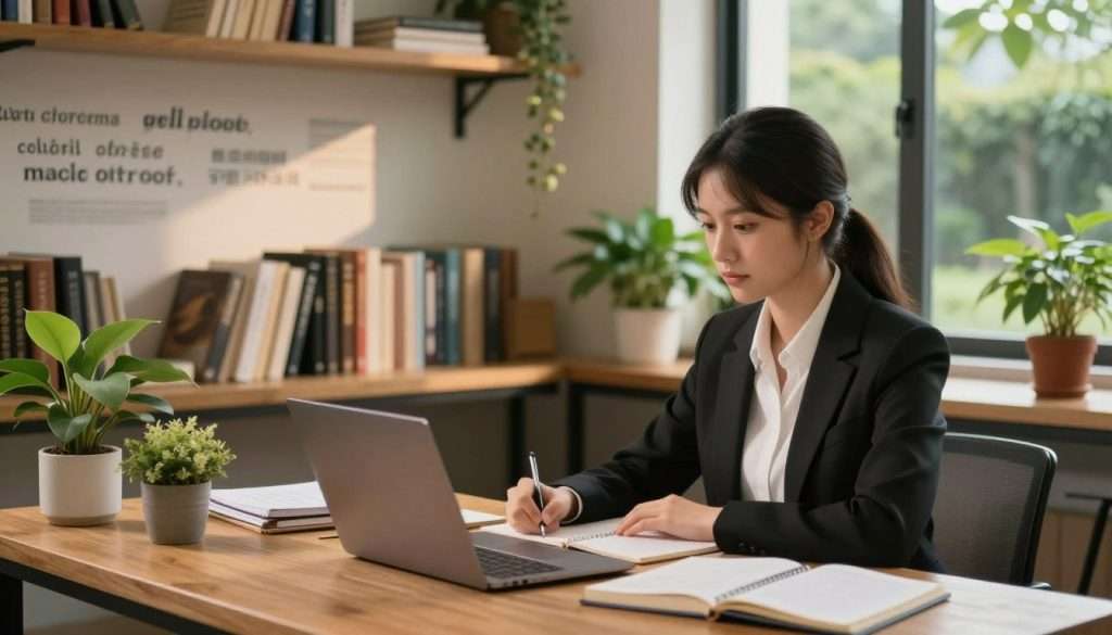 A serene and focused study environment illustrating the mindful learning approach. In the foreground, a young woman in professional attire is seated at a wooden desk, surrounded by notebooks, a laptop, and plants, deep in concentration. Her expression conveys calmness and intent. In the middle ground, shelves filled with books and inspirational quotes decorate the space, while a soft, warm light filters through a window, casting gentle shadows across the scene. The background features a peaceful outdoor view of a garden, enhancing the tranquil atmosphere. The image is rich in natural colors, evoking a sense of harmony and focus, captured from a slight angle to emphasize depth and invite viewers into this mindful learning space.