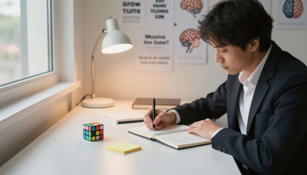 A serene and focused workspace depicting a variety of mental exercises. In the foreground, a person in professional business attire sits at a minimalist desk, engaged in deep concentration with a notebook, jotting down ideas. On the desk, a puzzle cube and a set of colorful post-it notes are visible, symbolizing creative thinking and problem-solving. In the middle, a soft glow from a desk lamp highlights the workspace, while a wall filled with inspirational quotes and images of brain training techniques serves as a motivational backdrop. Natural light streams in from a nearby window, bathing the scene in a warm, inviting atmosphere. The overall mood of the image conveys productivity, focus, and the determination to overcome mental fatigue.