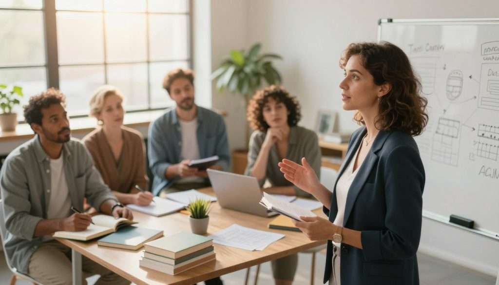 A serene and inspirational scene depicting a diverse group of four adults engaged in a collaborative learning environment. In the foreground, a woman in a smart casual outfit shares her ideas, while two men and another woman listen intently, taking notes. The middle ground features a large, open workspace adorned with books, a whiteboard filled with brainstorming ideas, and plants for a touch of nature. In the background, large windows allow soft, warm sunlight to stream in, creating an inviting atmosphere. The camera angle is slightly above eye level, capturing the interaction among the group, with a focus on their engaged expressions. The mood is uplifting and encouraging, evoking a sense of community and hope for lifelong learning.