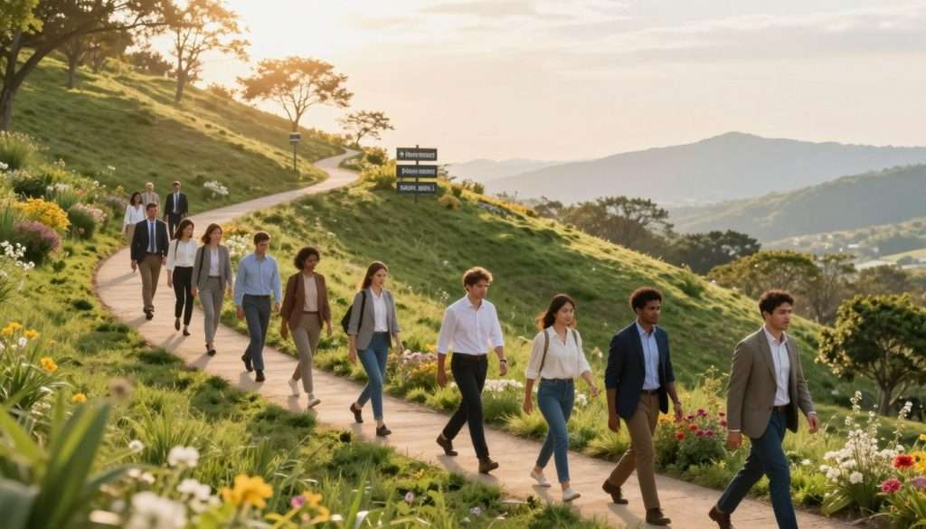 A serene and inspiring progression path winding up a gentle hillside, symbolizing the journey from novice to expert. In the foreground, a diverse group of professionals—men and women of various ethnicities—dressed in smart casual clothing, are climbing the path, each displaying expressions of determination and enthusiasm. The middle ground features milestones along the path, such as signposts or markers indicating stages of growth and achievement, surrounded by vibrant greenery and blooming flowers. The soft light of a late afternoon sun filters through the trees, casting warm, golden hues over the scene, creating an atmosphere of hope and motivation. In the background, a panoramic view of a distant mountain range symbolizes the ultimate goal. The composition is balanced, with a slight upward angle to evoke a sense of aspiration and progression.