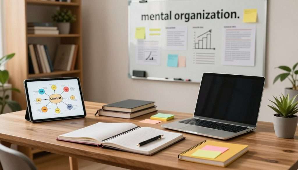 A serene and organized office workspace representing "mental organization." In the foreground, an elegant wooden desk displays neatly arranged notebooks, colorful sticky notes, and a sleek laptop. To the left, a digital tablet shows a mind map with interconnected ideas, symbolizing chunking techniques. In the middle ground, a wall-mounted whiteboard is filled with organized notes, charts, and diagrams, enhancing the feeling of structure. The background features soft shelving filled with reference books, plants adding a touch of green, and warm, ambient lighting that enhances focus. The atmosphere is calm and inspiring, perfect for productivity and creativity, captured with a slight overhead angle to emphasize the workspace's depth and organization. A serene and organized office workspace representing "mental organization." In the foreground, an elegant wooden desk displays neatly arranged notebooks, colorful sticky notes, and a sleek laptop. To the left, a digital tablet shows a mind map with interconnected ideas, symbolizing chunking techniques. In the middle ground, a wall-mounted whiteboard is filled with organized notes, charts, and diagrams, enhancing the feeling of structure. The background features soft shelving filled with reference books, plants adding a touch of green, and warm, ambient lighting that enhances focus. The atmosphere is calm and inspiring, perfect for productivity and creativity, captured with a slight overhead angle to emphasize the workspace's depth and organization.