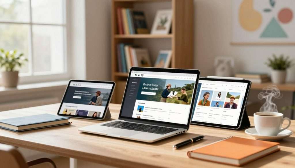 A serene, modern workspace filled with digital learning resources. In the foreground, a sleek laptop open to an online course interface, paired with a tablet displaying educational apps. Surrounding these devices are colorful notebooks, a sophisticated pen, and a steaming cup of coffee, emphasizing focus and productivity. In the middle ground, a cozy bookshelf is lined with a variety of reference books and educational materials, illuminated by warm, natural light streaming in through a large window. The background features a soft, abstract mural symbolizing knowledge and growth, enhancing the atmosphere of inspiration. The scene is captured with a wide-angle lens, creating a harmonious and inviting learning environment, infused with a mood of motivation and creativity.