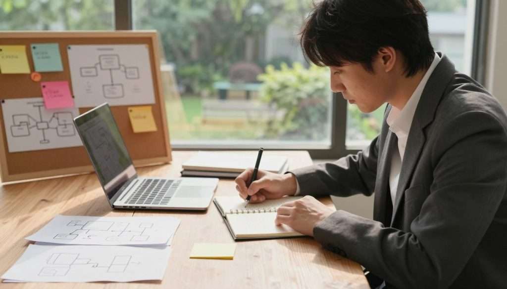 A serene office space filled with natural light, featuring a person in professional attire, deeply engaged in writing at a wooden desk scattered with notes and an open laptop. The foreground highlights their focused expression, hands actively writing in a notebook, symbolizing the cognitive process. In the middle ground, a corkboard displays colorful sticky notes and diagrams, visually representing problem-solving concepts. The background includes a large window showcasing a tranquil garden, enhancing the atmosphere of clarity and thoughtfulness. Soft, warm lighting illuminates the scene, casting gentle shadows that create a calm and inspiring mood. The composition is framed with a slight overhead angle to capture both the writer's concentration and the organized chaos of their ideas, emphasizing writing as a powerful cognitive tool for problem solving.