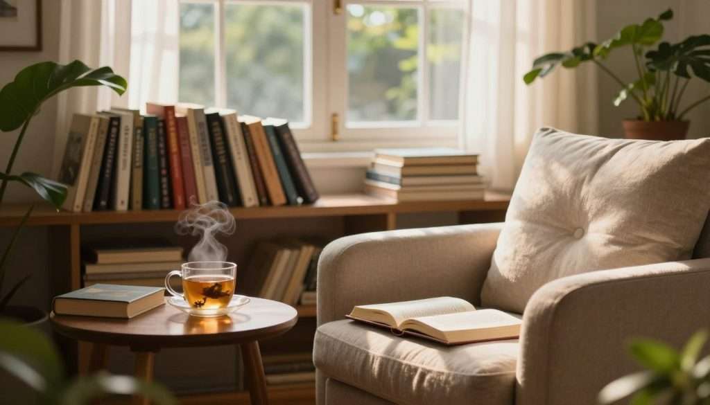 A serene reading nook designed for deep concentration. In the foreground, a cozy armchair with soft fabric and plush cushions invites readers to settle in. A small wooden side table holds a steaming cup of herbal tea and an open book with pages filled with text. The middle ground features a well-stocked bookshelf filled with a variety of colorful books, some leaning slightly to create a casual, lived-in feel. In the background, large windows allow warm, golden sunlight to filter through sheer curtains, casting gentle shadows that create a calm atmosphere. The setting evokes a sense of tranquility, ideal for immersing oneself in reading, with lush green plants framing the windows to enhance the connection to nature. The overall mood is inviting and peaceful, perfect for encouraging focused reading without distractions.