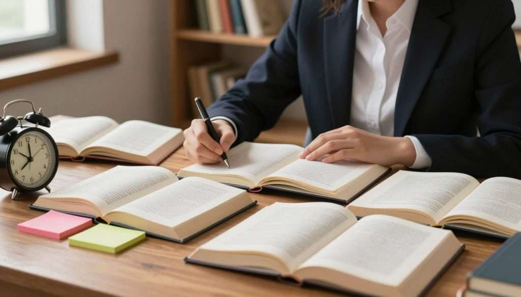 A serene study environment emphasizing reading comprehension techniques. In the foreground, a wooden table displays a variety of open books, colorful sticky notes, and a vintage clock symbolizing the passage of time. In the middle ground, a focused individual, dressed in professional attire, sits with a notebook, jotting down key concepts and practicing spaced repetition. Soft, warm lighting illuminates the scene, highlighting the pages and notes, creating an inviting atmosphere conducive to learning. The background features a shelf filled with books and a window allowing natural light to filter through, enhancing the mood of concentration and tranquility. The overall composition is balanced and encourages a sense of dedication to long-term memory retention strategies.