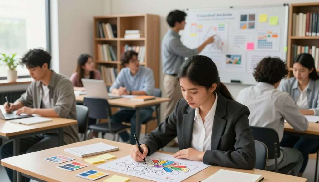 A serene study environment featuring a diverse group of individuals engaged in various cognitive retention techniques. In the foreground, a focused young woman in professional attire takes notes from a colorful mind map on her desk, surrounded by sticky notes and flashcards. In the middle, a man collaborates with a group, energetically discussing concepts while pointing to a large brainstorming board filled with diagrams and visuals. The background showcases shelves filled with books and educational materials, providing a scholarly atmosphere. Soft, natural light filters through a nearby window, creating a warm and inviting mood. The overall scene reflects a productive and stimulating study environment, emphasizing collaboration and effective learning strategies.