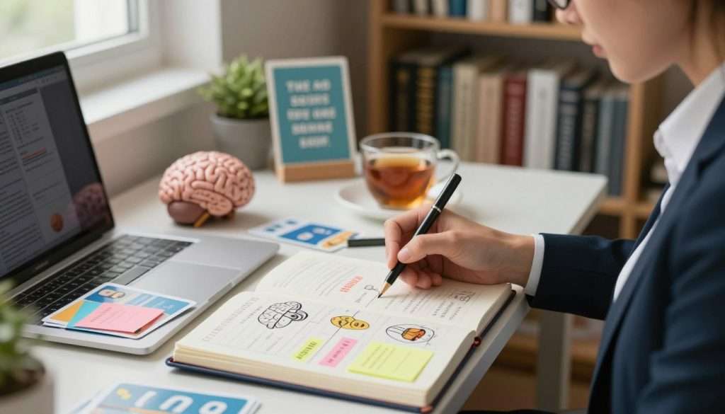 A serene study environment featuring a focused individual, dressed in professional attire, engaged in memorization techniques. In the foreground, an open notebook with beautifully illustrated mnemonics diagrams and colorful sticky notes can be seen. The middle ground showcases a cozy desk cluttered with memory aids like flashcards, a brain-shaped stress ball, and a cup of tea, suggesting a relaxed yet productive atmosphere. In the background, soft lighting filters through a window, illuminating bookshelves filled with educational literature and inspirational quotes on brain improvement. The overall mood is one of calm determination, symbolizing the journey of overcoming common challenges in memorization with the aid of mnemonics.