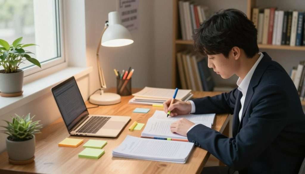 A serene study environment featuring a focused student sitting at a sleek wooden desk, surrounded by open books and notes. The foreground captures the student in a professional outfit, deeply engaged with highlighters and sticky notes interspersed among their study materials. In the middle ground, a softly illuminated desk lamp casts warm light, creating a cozy atmosphere. A motivational poster is subtly placed on the wall in the background, emphasizing a serene study space decorated with plants and shelves filled with books. The overall mood is one of concentration and diligence, with soft natural lighting filtering through a window, enhancing the focus on the study techniques being applied. Capture this scene from a slightly elevated angle to give a comprehensive view of the study process.