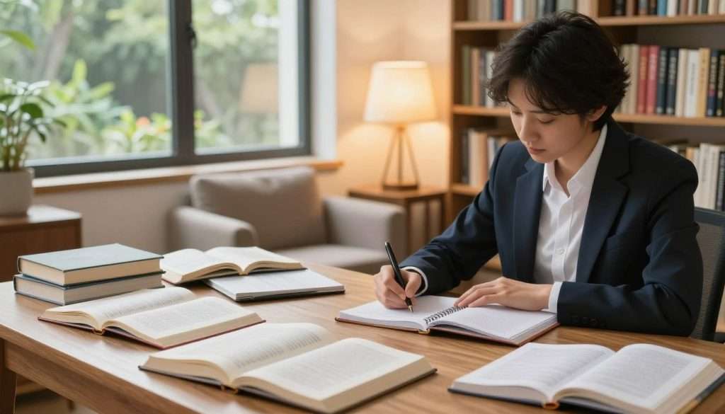 A serene study environment, featuring a large wooden desk cluttered with open books, notebooks, and study materials. In the foreground, a focused individual in professional business attire writes notes in a notebook, their expression reflecting concentration and determination. The middle space showcases a cozy armchair beside a warm lamp, casting a soft glow, while a bookshelf filled with colorful books adds to the ambiance. In the background, a large window lets in natural sunlight, illuminating the scene and providing a view of a lush garden outside. The overall mood is calm and inspiring, emphasizing productivity and the pursuit of knowledge, with warm lighting that creates a welcoming atmosphere. A serene study environment, featuring a large wooden desk cluttered with open books, notebooks, and study materials. In the foreground, a focused individual in professional business attire writes notes in a notebook, their expression reflecting concentration and determination. The middle space showcases a cozy armchair beside a warm lamp, casting a soft glow, while a bookshelf filled with colorful books adds to the ambiance. In the background, a large window lets in natural sunlight, illuminating the scene and providing a view of a lush garden outside. The overall mood is calm and inspiring, emphasizing productivity and the pursuit of knowledge, with warm lighting that creates a welcoming atmosphere.