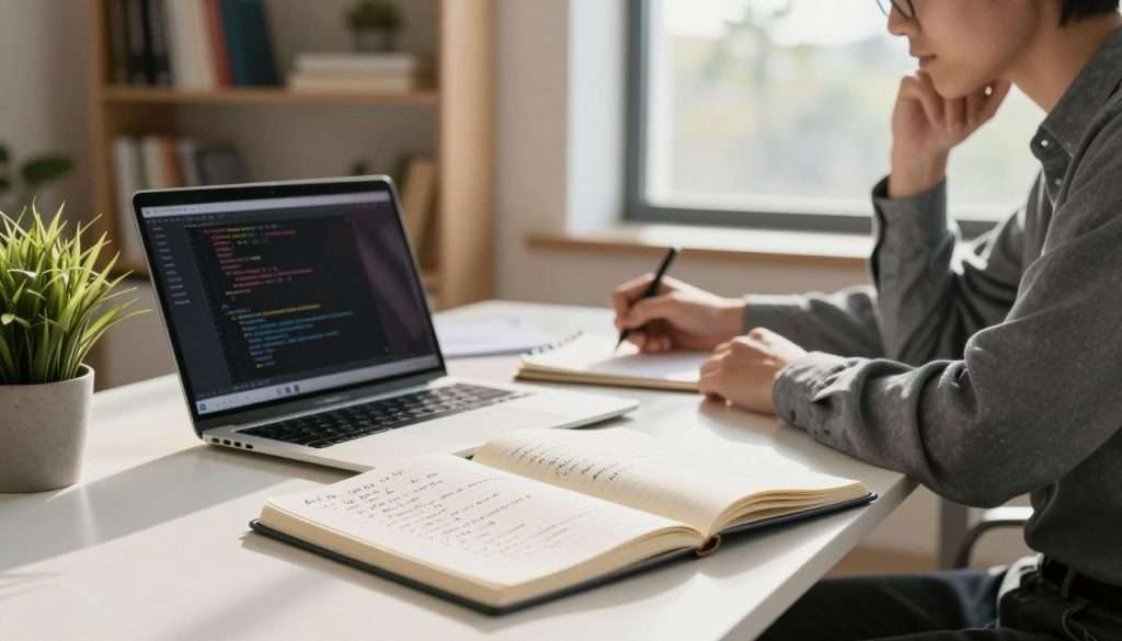 A serene study environment featuring a modern desk setup. In the foreground, an open notebook filled with handwritten AI study prompts lies alongside a sleek laptop displaying a coding interface. A potted plant adds a touch of greenery to the scene. In the middle ground, a professional individual in smart casual attire is engaged in thought, jotting down ideas, with a soft light illuminating their focused expression. The background consists of shelves filled with academic books and a large window allowing natural light to flood the room, casting gentle shadows. The atmosphere should evoke a sense of concentration and inspiration, with warm lighting enhancing the inviting ambiance of a dedicated study space.