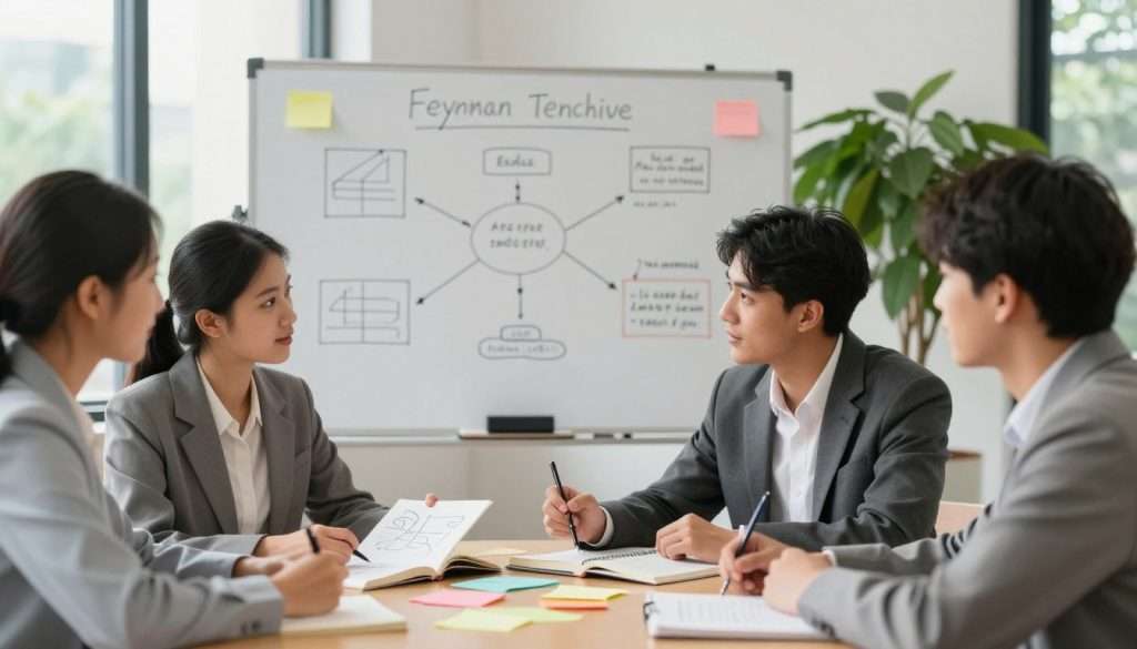 A serene study environment focused on the Feynman Technique. In the foreground, a diverse group of three students—two men and one woman—dressed in professional business attire, are seated around a wooden table scattered with colorful notes and textbooks. They appear engaged in lively discussion, with one student explaining a concept using a simple sketch on a notepad. The middle layer features a well-organized whiteboard filled with diagrams and key ideas, demonstrating deep understanding and connections between concepts. In the background, soft natural light filters through large windows, illuminating a vibrant green potted plant, enhancing the inviting atmosphere. Capture this scene with a slightly shallow depth of field for a more intimate feel, focusing on the students’ expressions while softly blurring the background. The overall mood should be one of collaboration, intellectual curiosity, and engagement in the learning process. A serene study environment focused on the Feynman Technique. In the foreground, a diverse group of three students—two men and one woman—dressed in professional business attire, are seated around a wooden table scattered with colorful notes and textbooks. They appear engaged in lively discussion, with one student explaining a concept using a simple sketch on a notepad. The middle layer features a well-organized whiteboard filled with diagrams and key ideas, demonstrating deep understanding and connections between concepts. In the background, soft natural light filters through large windows, illuminating a vibrant green potted plant, enhancing the inviting atmosphere. Capture this scene with a slightly shallow depth of field for a more intimate feel, focusing on the students’ expressions while softly blurring the background. The overall mood should be one of collaboration, intellectual curiosity, and engagement in the learning process.