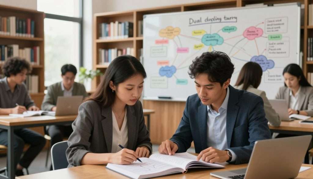 A serene study environment showcasing a group of diverse professionals engaged in collaborative learning. In the foreground, two individuals, a woman and a man, are deeply focused on a large open book filled with diagrams and notes, both dressed in smart business casual attire. The middle ground features a large whiteboard filled with colorful mind maps and cognitive charts, symbolizing dual coding and memory retention techniques. The background reveals a cozy library setting with warm wooden shelves lined with books, soft diffused natural light streaming in through large windows, creating an inviting atmosphere. The overall mood is one of inspiration and intellectual engagement, reflecting the transformative power of cognitive learning.