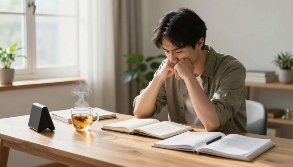 A serene study environment showcasing a young adult focused on work at a sleek wooden desk. Foreground: a minimalistic desk with an open notebook, a steaming cup of herbal tea, and a timer indicating a short break. Middle ground: the individual, dressed in modest casual attire, deeply engaged in thought with a slightly furrowed brow, surrounded by relevant study materials. Background: soft natural lighting streams through a large window adorned with light, sheer curtains, illuminating indoor plants that evoke a sense of tranquility. The atmosphere is calm and focused, embodying the concept of mastering short breaks to enhance concentration, with warm tones enhancing the sense of productivity and serenity. The angle is slightly tilted downwards for a closer view of the desk, immersing the viewer in the moment. A serene study environment showcasing a young adult focused on work at a sleek wooden desk. Foreground: a minimalistic desk with an open notebook, a steaming cup of herbal tea, and a timer indicating a short break. Middle ground: the individual, dressed in modest casual attire, deeply engaged in thought with a slightly furrowed brow, surrounded by relevant study materials. Background: soft natural lighting streams through a large window adorned with light, sheer curtains, illuminating indoor plants that evoke a sense of tranquility. The atmosphere is calm and focused, embodying the concept of mastering short breaks to enhance concentration, with warm tones enhancing the sense of productivity and serenity. The angle is slightly tilted downwards for a closer view of the desk, immersing the viewer in the moment.