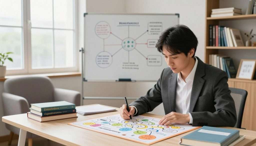 A serene study environment showcasing cognitive memory training techniques. In the foreground, a focused individual in professional attire is engaged in a mental exercise using a colorful mind map on a desk, surrounded by books and study materials. The middle-ground features a whiteboard filled with diagrams illustrating memory techniques like mnemonics and associations. Natural light streams through a large window, creating a bright and inviting atmosphere. In the background, a plush armchair and a bookshelf filled with psychology and self-improvement books add depth to the setting. The overall mood is motivational and intellectually stimulating, encouraging viewers to embrace cognitive agility and memory enhancement.