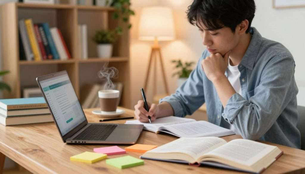 A serene study environment showcasing effective study tips for retaining information. In the foreground, a wooden desk is cluttered with colorful sticky notes, textbooks, and a stylish laptop displaying a learning management system. There is a cup of steaming coffee to suggest focus. In the middle, a thoughtful student, dressed in professional casual attire, is reviewing notes and making annotations, embodying concentration and determination. The background features a cozy bookshelf filled with brightly colored books, plants, and a warm lamp casting a gentle light, creating a calming atmosphere. The mood is one of motivation and productivity, inviting a sense of peaceful focus on learning strategies. The composition should have a soft, natural lighting with a shallow depth of field, emphasizing the student and study materials. A serene study environment showcasing effective study tips for retaining information. In the foreground, a wooden desk is cluttered with colorful sticky notes, textbooks, and a stylish laptop displaying a learning management system. There is a cup of steaming coffee to suggest focus. In the middle, a thoughtful student, dressed in professional casual attire, is reviewing notes and making annotations, embodying concentration and determination. The background features a cozy bookshelf filled with brightly colored books, plants, and a warm lamp casting a gentle light, creating a calming atmosphere. The mood is one of motivation and productivity, inviting a sense of peaceful focus on learning strategies. The composition should have a soft, natural lighting with a shallow depth of field, emphasizing the student and study materials.