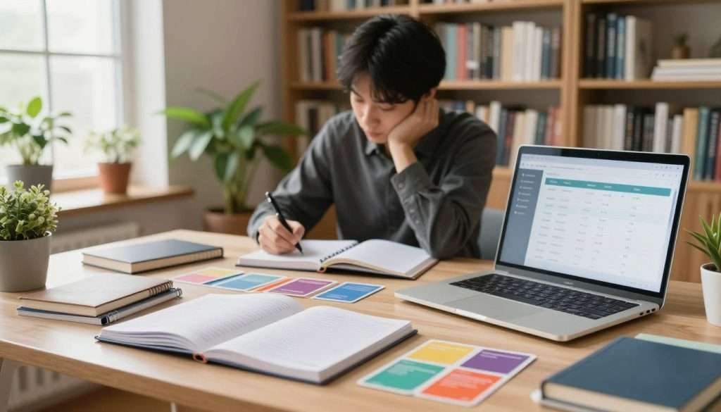 A serene study environment showcasing the concept of spaced repetition in learning. In the foreground, a well-organized desk cluttered with notebooks, colorful flashcards, and a modern laptop displaying a spaced repetition app. In the middle ground, a focused individual in professional attire, studying intensely and taking notes, surrounded by potted plants for a lively touch. The background features a large bookshelf filled with educational resources, softly lit by natural light filtering through a nearby window, creating a warm atmosphere. The overall mood is calm and inspiring, emphasizing clarity and dedication to mastering learning techniques through spaced repetition. The angle captures both the subject's concentration and the organized chaos of their study space.