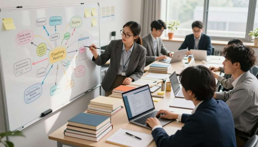 A serene study environment showcasing various memory retention techniques. In the foreground, a diverse group of students, dressed in professional attire, are engaged in creating a vibrant mind map on a large whiteboard, filled with colorful keywords, arrows, and diagrams. In the middle ground, an organized study desk is cluttered with books, notepads, and sticky notes, with a laptop open displaying a digital mind mapping tool. The background features a well-lit room with soft, natural lighting from large windows, casting gentle shadows. The atmosphere is focused and collaborative, emphasizing concentration and creativity in exam preparation and information recall. Capture the scene from a slightly elevated angle, creating depth and encouraging engagement in the learning process.