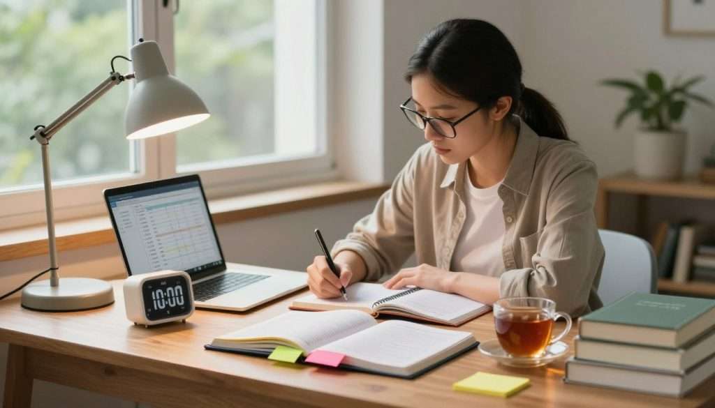 A serene study environment that embodies time management for learners. In the foreground, a well-organized wooden desk with an open planner, colorful sticky notes, and a digital clock displaying 10:00 AM. A cozy desk lamp casts warm light, illuminating a cup of tea beside a neatly arranged stack of textbooks. In the middle ground, a focused student in professional casual attire, a young woman with glasses, is actively writing notes while looking at a laptop screen showing a study schedule. The background features a window with soft, natural light streaming in, with greenery visible outside, symbolizing balance and well-being. The overall mood is calm and productive, evoking a sense of control and clarity in one’s study habits.