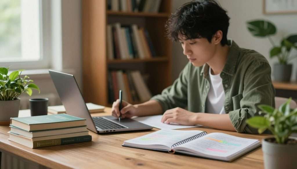 A serene study environment with a neatly organized desk in the foreground, featuring a stack of textbooks, a laptop, and a notepad filled with colorful notes. A focused student dressed in comfortable yet modest casual clothing is seated, engaged in active learning, surrounded by plants for a refreshing touch of nature. In the middle of the scene, a soft, warm light emanates from a nearby window, enhancing the cozy atmosphere. The background showcases a calming library shelf filled with books, reinforcing the theme of knowledge acquisition. The color palette should consist of soothing greens and browns, evoking a sense of tranquility and focus, while the overall composition conveys a productive and peaceful learning setting.