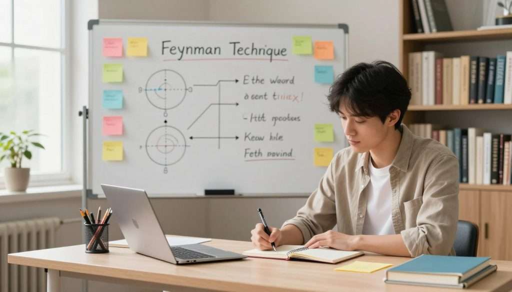 A serene study space highlighting effective time management for learners. In the foreground, a focused student, dressed in business casual attire, sits at a modern desk, scribbling notes on a notepad while surrounded by various colorful sticky notes. The middle features a large whiteboard filled with simplified diagrams and key points representing the Feynman Technique, capturing the essence of breaking down complex concepts. In the background, soft natural light filters through a window, illuminating bookshelves filled with educational materials. The atmosphere is calm and inspiring, evoking a sense of productivity and clarity, with a warm color palette inviting relaxation and concentration.