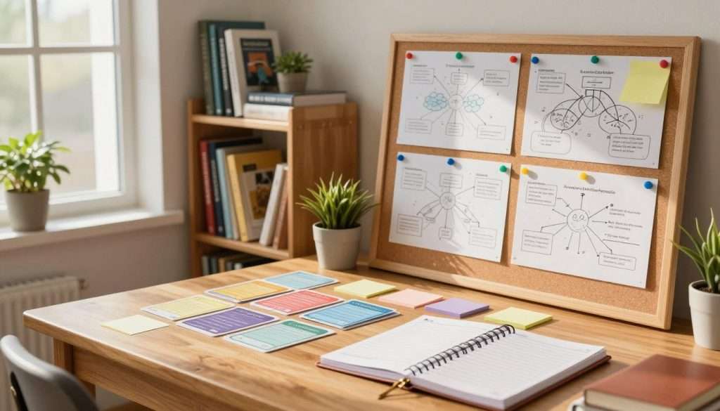 A serene study space showcasing various memorization techniques. In the foreground, a well-organized wooden desk with colorful flashcards, sticky notes, and a planner, emphasizing active learning. In the middle, a corkboard filled with mind maps and diagrams illustrating spaced repetition techniques, with bright pushpins adding pops of color. In the background, a bookshelf filled with neatly arranged educational books and plants for a touch of greenery. Natural sunlight streams in through a large window, creating a warm, inviting atmosphere. The scene has a calm and focused mood, captured from a slightly elevated angle to encompass all elements harmoniously. The lighting is soft and warm, enhancing the study environment without distractions, ensuring a professional presentation. A serene study space showcasing various memorization techniques. In the foreground, a well-organized wooden desk with colorful flashcards, sticky notes, and a planner, emphasizing active learning. In the middle, a corkboard filled with mind maps and diagrams illustrating spaced repetition techniques, with bright pushpins adding pops of color. In the background, a bookshelf filled with neatly arranged educational books and plants for a touch of greenery. Natural sunlight streams in through a large window, creating a warm, inviting atmosphere. The scene has a calm and focused mood, captured from a slightly elevated angle to encompass all elements harmoniously. The lighting is soft and warm, enhancing the study environment without distractions, ensuring a professional presentation.