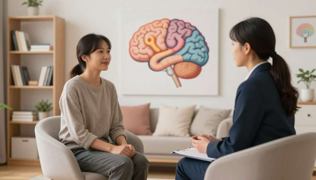 A serene therapy room bathed in soft, warm light, showcasing elements of neuroplasticity therapy for mental health conditions. In the foreground, a professional therapist, dressed in smart business attire, is engaged in a conversation with a patient seated comfortably on a modern chair, both appearing focused and open. The middle ground features colorful brain imagery on a large canvas, illustrating neural pathways and connections, symbolizing change and healing. In the background, shelves filled with books on psychology and wellness, alongside comfortable cushions, create a calming atmosphere. The overall mood is hopeful and supportive, promoting a sense of healing and transformation. The scene is captured with a slight depth of field, focusing on the interaction between the therapist and the patient, enhancing the emotional connection. A serene therapy room bathed in soft, warm light, showcasing elements of neuroplasticity therapy for mental health conditions. In the foreground, a professional therapist, dressed in smart business attire, is engaged in a conversation with a patient seated comfortably on a modern chair, both appearing focused and open. The middle ground features colorful brain imagery on a large canvas, illustrating neural pathways and connections, symbolizing change and healing. In the background, shelves filled with books on psychology and wellness, alongside comfortable cushions, create a calming atmosphere. The overall mood is hopeful and supportive, promoting a sense of healing and transformation. The scene is captured with a slight depth of field, focusing on the interaction between the therapist and the patient, enhancing the emotional connection.