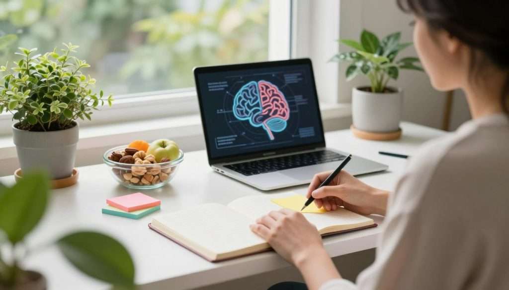 A serene workspace featuring a thoughtful individual engaged in memory enhancement strategies through lifestyle changes. In the foreground, a person in smart casual attire, with an open notebook and colorful sticky notes, is surrounded by plants and calming décor. In the middle, a bright desk with a laptop displaying a brain diagram, and a healthy snack of nuts and fruits. The background showcases a sunlit window with greenery outside, casting soft, natural light. The atmosphere is focused yet relaxed, inspiring creativity and productivity. The overall composition should convey a sense of clarity and mindfulness, ideal for promoting effective memory techniques.