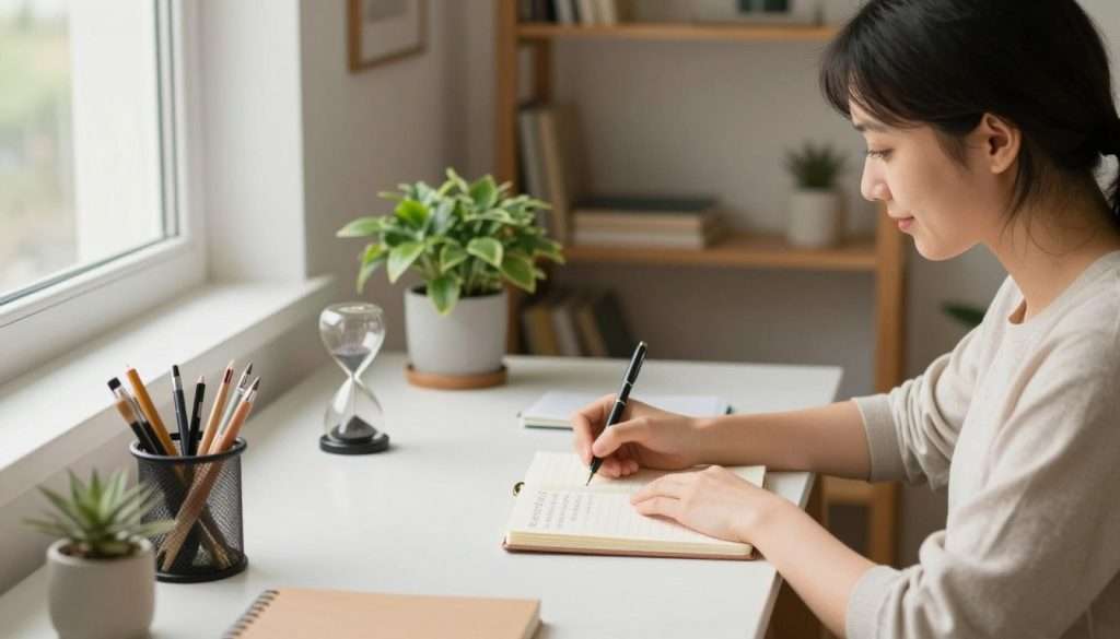 A serene workspace scene illustrating how to reach a flow state through the Five-Minute Rule. In the foreground, a focused individual in smart casual attire is seated at a minimalist desk, illuminated by soft, natural light from a nearby window. They are engaged with a notebook, writing down tasks with a look of concentration and satisfaction. In the middle, several visual elements embody the Five-Minute Rule—an hourglass timer, a calm plant, and neatly arranged stationery create an organized atmosphere. The background reveals a peaceful room with bookshelves and artwork that inspire creativity. The overall mood is tranquil and motivating, with gentle lighting enhancing the sense of focus and clarity, inviting viewers to adopt this productive mindset.