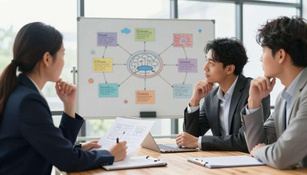 A serene workspace setting illustrating the concept of critical thinking. In the foreground, a diverse group of three professionals, two men and one woman, are engaged in a thoughtful discussion around a modern wooden table. They are dressed in smart business attire, with one person holding a notepad filled with diagrams and frameworks. In the middle, a whiteboard behind them is covered with colorful mind maps and interconnected ideas, symbolizing various mental models. The background features large windows allowing natural light to pour in, enhancing a bright and inspiring atmosphere. The scene is captured with a soft focus lens, creating a warm depth of field that emphasizes collaboration and intellect. The overall mood conveys curiosity, insight, and problem-solving energy. A serene workspace setting illustrating the concept of critical thinking. In the foreground, a diverse group of three professionals, two men and one woman, are engaged in a thoughtful discussion around a modern wooden table. They are dressed in smart business attire, with one person holding a notepad filled with diagrams and frameworks. In the middle, a whiteboard behind them is covered with colorful mind maps and interconnected ideas, symbolizing various mental models. The background features large windows allowing natural light to pour in, enhancing a bright and inspiring atmosphere. The scene is captured with a soft focus lens, creating a warm depth of field that emphasizes collaboration and intellect. The overall mood conveys curiosity, insight, and problem-solving energy.
