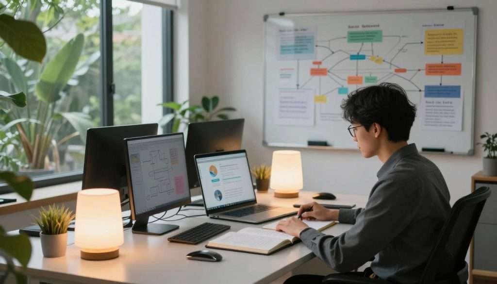 A serene workspace showcasing advanced flow state techniques. In the foreground, a person in professional attire is seated at a sleek desk, deeply focused, surrounded by open notebooks and digital devices displaying inspirational graphics. The middle layer features soft, glowing lamps casting warm light, creating a cozy yet productive atmosphere. In the background, a wall with a large whiteboard filled with colorful mind maps and flow charts reflects the essence of mastery and creativity. Natural light streams in through a large window adorned with lush greenery outside, enhancing the feeling of tranquility and focus. The overall mood is one of concentration and calm, embodying the pursuit of peak performance and mental clarity. Capture the scene from a slightly elevated angle to emphasize depth.