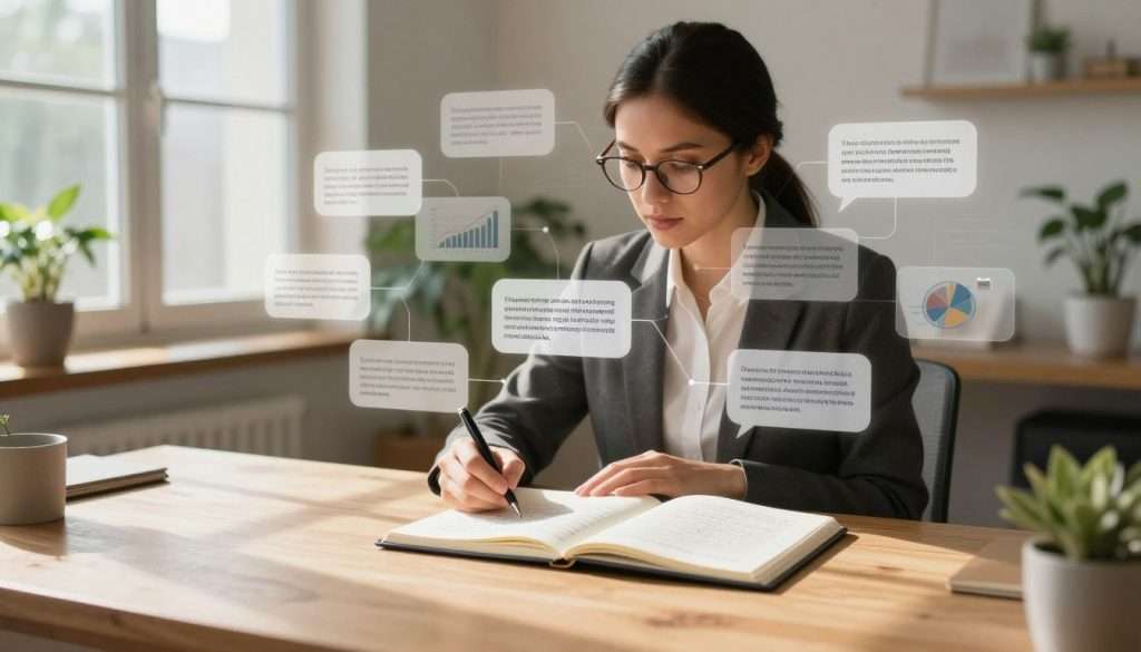 A serene workspace with a light oak wooden desk at the forefront, featuring an open notebook filled with handwritten notes and a pen poised above it. In the middle, a focused individual in professional attire, a woman with glasses, is surrounded by floating text bubbles representing different analytical arguments, each connecting to visual elements like charts and graphs. The background shows a large window with soft daylight streaming in, casting gentle shadows across the room filled with plants. The atmosphere is calm and inspiring, emphasizing clarity and concentration, highlighting a sense of productive solitude ideal for comparative writing and analytical thinking. The image should have a slightly blurred background to keep the focus on the person and the notebook.