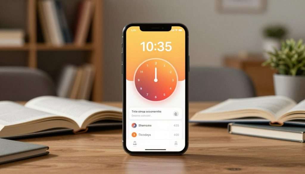 A sleek and modern study timer app interface prominently displayed on a smartphone screen, set against a cozy study environment. In the foreground, the smartphone is on a wooden desk, surrounded by a few study materials, including open textbooks and notebooks. In the middle, the app's interface shows a vibrant countdown timer with a clear display, using warm colors to suggest focus and motivation. In the background, a softly lit room with bookshelves, a comfortable chair, and a small plant enhances the studious atmosphere. The lighting is soft, evoking a calm, focused mood while highlighting the app's features. The composition captures the essence of overcoming distractions and challenges in studying. A sleek and modern study timer app interface prominently displayed on a smartphone screen, set against a cozy study environment. In the foreground, the smartphone is on a wooden desk, surrounded by a few study materials, including open textbooks and notebooks. In the middle, the app's interface shows a vibrant countdown timer with a clear display, using warm colors to suggest focus and motivation. In the background, a softly lit room with bookshelves, a comfortable chair, and a small plant enhances the studious atmosphere. The lighting is soft, evoking a calm, focused mood while highlighting the app's features. The composition captures the essence of overcoming distractions and challenges in studying.