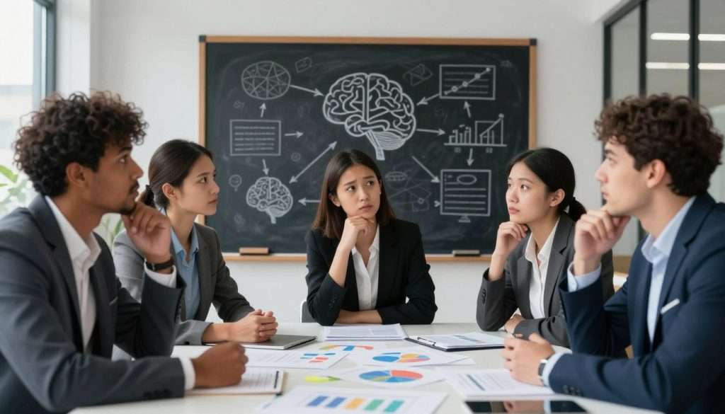 A thought-provoking scene depicting the essence of critical thinking. In the foreground, a diverse group of three professionals in business attire, engaged in a lively discussion around a large table filled with colorful graphs and papers, each expressing a range of emotions from curiosity to contemplation. In the middle, a chalkboard covered with complex diagrams and mental models, illustrating common pitfalls in problem-solving. The background features a cozy, modern office space with large windows letting in soft, natural light, creating an inviting atmosphere. The image captures the dynamic energy of collaboration and the importance of critical thinking, emphasizing clarity and focus in the quest for smarter solutions. Lens focus is sharp, with a slight depth of field to enhance the foreground. A thought-provoking scene depicting the essence of critical thinking. In the foreground, a diverse group of three professionals in business attire, engaged in a lively discussion around a large table filled with colorful graphs and papers, each expressing a range of emotions from curiosity to contemplation. In the middle, a chalkboard covered with complex diagrams and mental models, illustrating common pitfalls in problem-solving. The background features a cozy, modern office space with large windows letting in soft, natural light, creating an inviting atmosphere. The image captures the dynamic energy of collaboration and the importance of critical thinking, emphasizing clarity and focus in the quest for smarter solutions. Lens focus is sharp, with a slight depth of field to enhance the foreground.