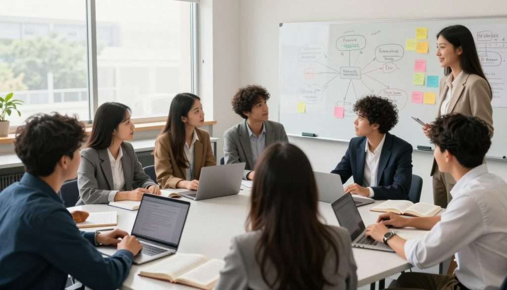 A vibrant classroom scene depicting a participatory learning approach. In the foreground, a diverse group of students in professional attire collaboratively discussing ideas, surrounded by open books and digital devices. The middle of the image features a whiteboard filled with colorful mind maps and sticky notes, showcasing their brainstorming process. In the background, large windows let in natural light, illuminating the space and creating a warm, inviting atmosphere. A teacher is visible, guiding the students with a smile, encouraging engagement. The overall mood is dynamic and collaborative, emphasizing active participation and teamwork in an educational setting, captured from a slightly elevated angle to provide depth and context. A vibrant classroom scene depicting a participatory learning approach. In the foreground, a diverse group of students in professional attire collaboratively discussing ideas, surrounded by open books and digital devices. The middle of the image features a whiteboard filled with colorful mind maps and sticky notes, showcasing their brainstorming process. In the background, large windows let in natural light, illuminating the space and creating a warm, inviting atmosphere. A teacher is visible, guiding the students with a smile, encouraging engagement. The overall mood is dynamic and collaborative, emphasizing active participation and teamwork in an educational setting, captured from a slightly elevated angle to provide depth and context.