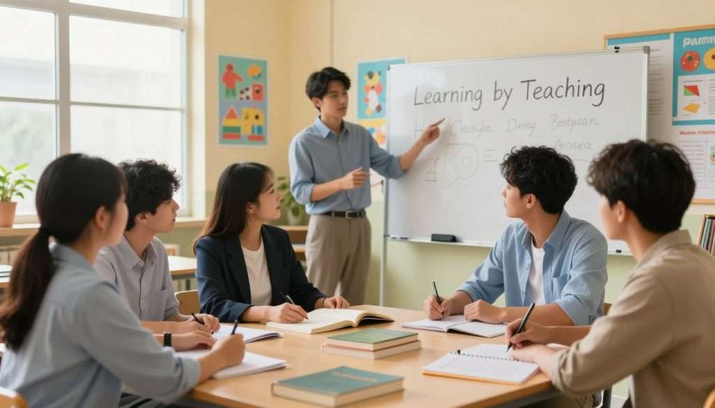 A vibrant classroom scene illustrating "Learning by Teaching." In the foreground, a diverse group of students, including a young woman in a professional business outfit and a young man in a modest casual shirt, actively engaged in a discussion around a table filled with books and educational materials. In the middle ground, another student stands, presenting their ideas confidently to the group, using a whiteboard to illustrate key concepts. The background showcases a warm, inviting classroom environment with colorful educational posters and large windows letting in soft, natural light. The angle captures the interaction from a slightly elevated perspective, enhancing the collaborative atmosphere. The overall mood is energetic and supportive, emphasizing teamwork and the joy of shared learning experiences.