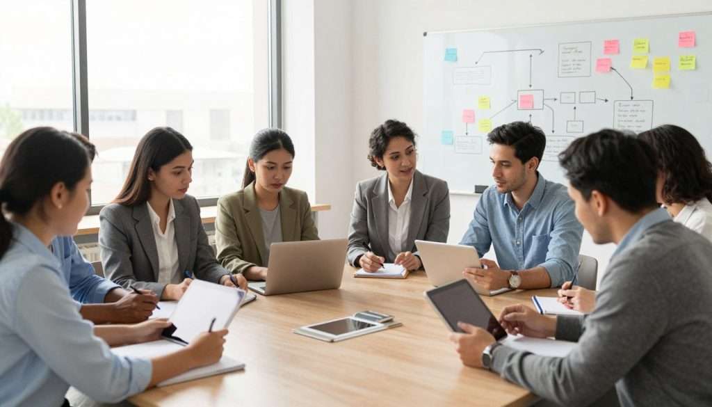 A vibrant classroom scene showcasing active learning strategies. In the foreground, a diverse group of professional individuals, including men and women, engaged in collaborative discussions, taking notes, and using digital tablets. They are dressed in smart casual attire, exuding a sense of focus and engagement. In the middle ground, a whiteboard filled with colorful diagrams and sticky notes illustrates various learning techniques, such as brainstorming and group projects. The background features large windows allowing natural light to flood the room, creating a bright and inspirational atmosphere. The overall mood is energetic and collaborative, emphasizing the shift from passive to active learning, with a warm color palette that enhances positivity and motivation. A vibrant classroom scene showcasing active learning strategies. In the foreground, a diverse group of professional individuals, including men and women, engaged in collaborative discussions, taking notes, and using digital tablets. They are dressed in smart casual attire, exuding a sense of focus and engagement. In the middle ground, a whiteboard filled with colorful diagrams and sticky notes illustrates various learning techniques, such as brainstorming and group projects. The background features large windows allowing natural light to flood the room, creating a bright and inspirational atmosphere. The overall mood is energetic and collaborative, emphasizing the shift from passive to active learning, with a warm color palette that enhances positivity and motivation.