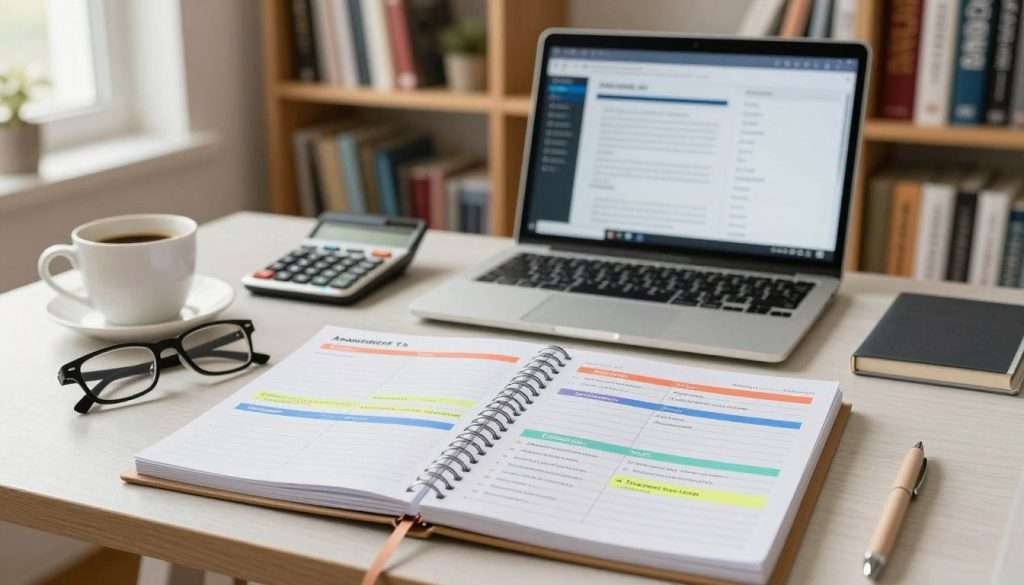 A visually compelling academic achievement plan laid out on a desk. In the foreground, a neatly organized planner with color-coded sections, highlighting goals, deadlines, and strategies for overcoming academic setbacks. A cup of coffee and a pair of glasses sit beside the planner, suggesting a focused study session. In the middle ground, a soft, open laptop displays relevant educational resources and a calculator nearby for planning. The background features a well-lit bookshelf filled with textbooks and motivational posters about success. The atmosphere is serene yet focused, with warm, natural lighting filtering through a window, creating a sense of determination and clarity in the pursuit of academic goals. The image captures the essence of navigating challenges in a professional, inspiring setting.