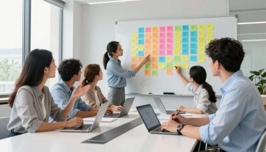 A visually engaging illustration of the chunking technique in action, showcasing a diverse group of professionals around a sleek conference table, each using sticky notes and digital devices to organize complex information. In the foreground, a female business professional explains her concept with enthusiasm, while a male colleague, dressed in a smart casual shirt, takes notes on a tablet. In the middle ground, others are arranging color-coded sticky notes into groups on a whiteboard, visually depicting information chunks. The background features a bright, modern office with large windows allowing natural light to flood the space, creating a productive and inspiring atmosphere. Emphasize vibrant colors, clear organization of information, and a sense of collaboration and focus. A visually engaging illustration of the chunking technique in action, showcasing a diverse group of professionals around a sleek conference table, each using sticky notes and digital devices to organize complex information. In the foreground, a female business professional explains her concept with enthusiasm, while a male colleague, dressed in a smart casual shirt, takes notes on a tablet. In the middle ground, others are arranging color-coded sticky notes into groups on a whiteboard, visually depicting information chunks. The background features a bright, modern office with large windows allowing natural light to flood the space, creating a productive and inspiring atmosphere. Emphasize vibrant colors, clear organization of information, and a sense of collaboration and focus.