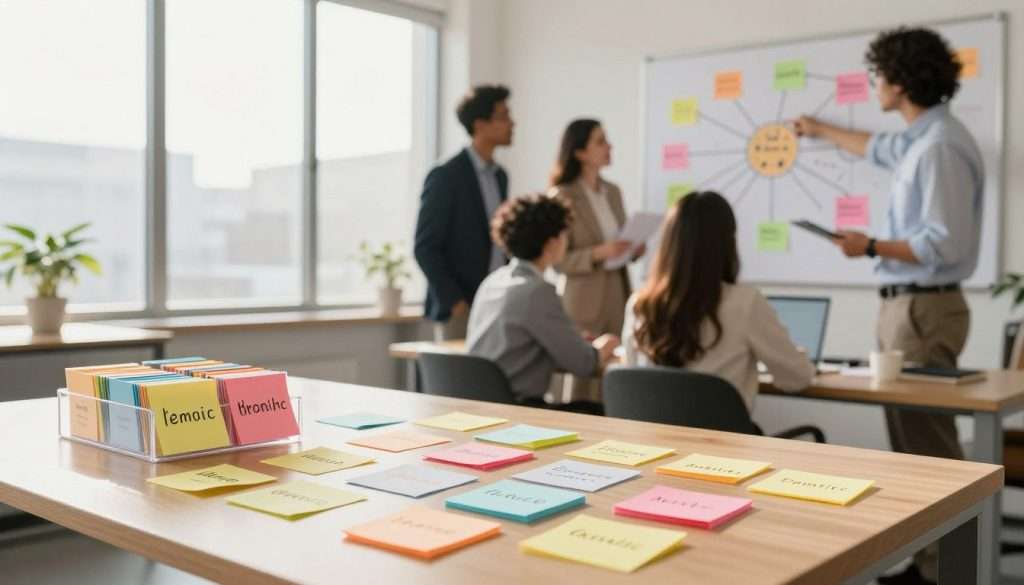 A visually engaging scene depicting memory aids and mnemonic devices in a professional setting. In the foreground, a well-organized desk with colorful post-it notes, each marked with acronyms and acrostics, alongside a clear plastic organizer full of flashcards. The middle ground features a diverse group of three people in professional business attire, actively collaborating and discussing the memory aids. One person points at a large mind map on the wall that creatively illustrates the connection of concepts through visual cues. The background showcases a bright, airy office with large windows letting in warm, natural light, enhancing the atmosphere of productivity and creativity. Soft shadows create a welcoming environment, encouraging learning and collaboration.
