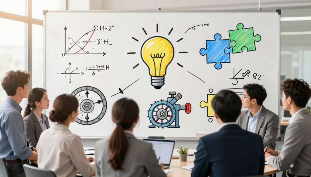 A visually engaging scene illustrating the concept of simplifying complex subjects through analogies. In the foreground, a diverse group of professional individuals, dressed in business attire, are brainstorming around a large, clear whiteboard filled with simple illustrations and diagrams explaining difficult topics. In the middle ground, symbolic representations of complex ideas like physics formulas and intricate machinery blend into whimsical objects like a light bulb and a puzzle piece, signifying understanding. In the background, a calm, softly lit office environment enhances focus, with sunlight filtering through large windows creating a warm, inviting atmosphere. The image conveys a spirit of collaboration, clarity, and innovation, encouraging viewers to grasp the essence of complex subjects easily.