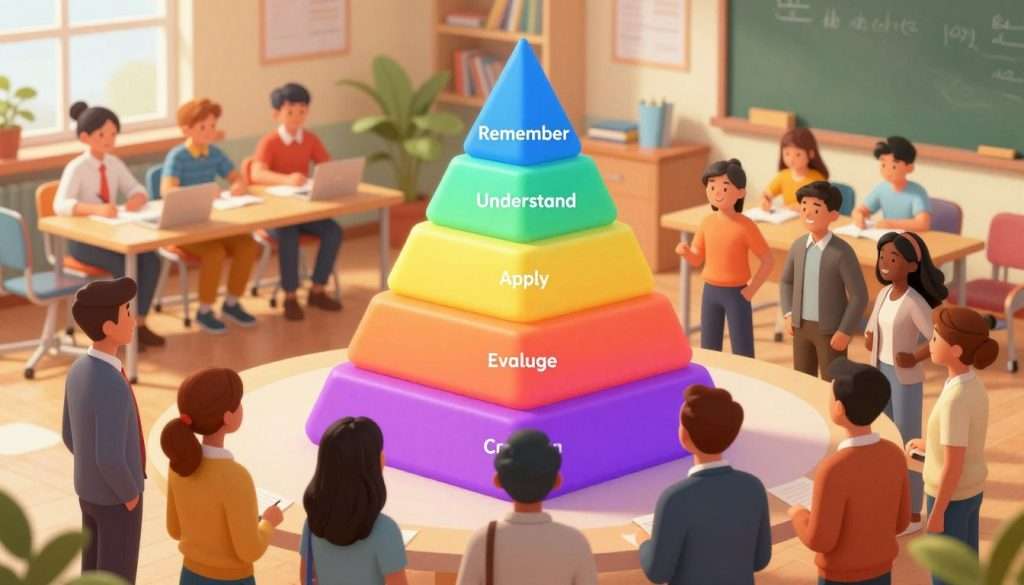 A visually striking illustration of Bloom's Taxonomy, depicted as a tiered pyramid with vivid color gradients representing the six levels of cognitive skills: Remember, Understand, Apply, Analyze, Evaluate, and Create. In the foreground, a diverse group of educators, dressed in professional attire, stands in discussion, pointing at the pyramid. The middle ground showcases a classroom setting with desks, a blackboard, and educational materials, enhancing the practical application of the taxonomy. The background features soft-focus students engaged in various learning activities, symbolizing the implementation of lower-order thinking skills. The lighting is warm and inviting, creating an atmosphere of collaboration and knowledge sharing. The angle is slightly elevated, providing a comprehensive view of the scene, emphasizing the hierarchical structure of the taxonomy.