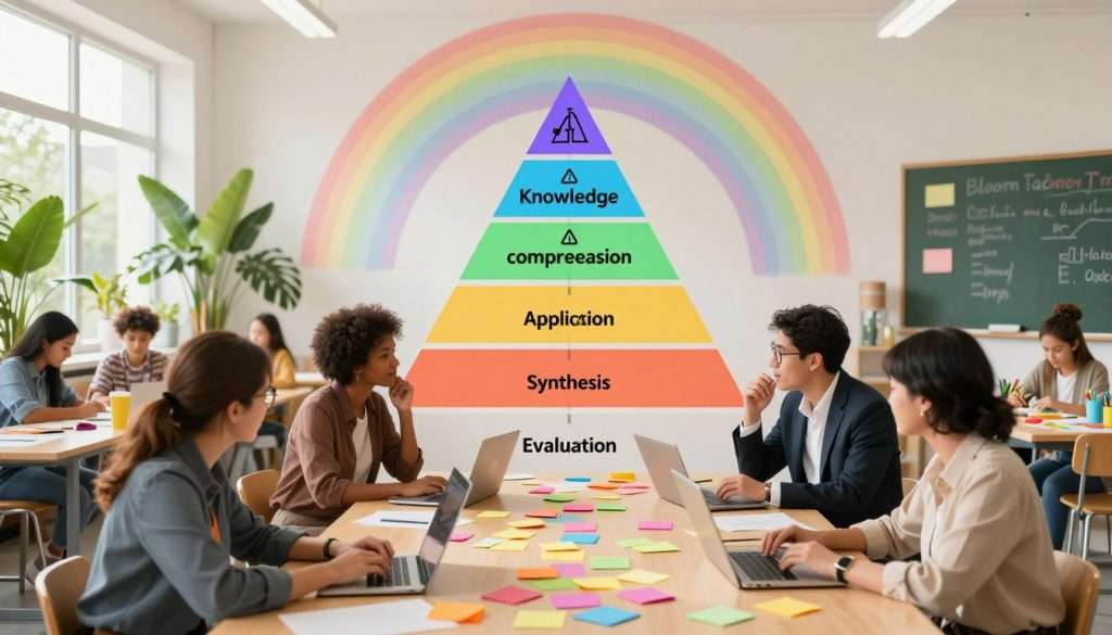 A visually striking representation of Bloom's Taxonomy, depicting a pyramid structure with layered levels, each labeled and illustrated with symbols representing various cognitive skills: knowledge, comprehension, application, analysis, synthesis, and evaluation. In the foreground, a diverse group of educators, dressed in professional attire, collaborates around a large table filled with colorful post-it notes and digital devices, brainstorming innovative teaching strategies. The middle ground showcases a bright classroom environment filled with students actively engaging in creative projects, surrounded by lush greenery from large windows. The background features a rainbow of soft, inspiring colors, conveying a mood of creativity and collaboration, illuminated by warm, natural light pouring in from the windows. The perspective should be slightly elevated, offering a comprehensive view of the scene.