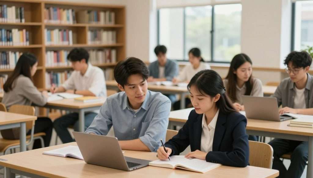 A well-organized study space in a university library, showcasing a diverse group of students seated at tables, engaged in collaborative learning. In the foreground, a confident male student in a smart casual outfit assists a female student in professional attire as she reviews a notebook and laptop. The middle layer features shelves stocked with educational books and resources, while a large window in the background lets in warm, natural light, illuminating the space and creating a welcoming atmosphere. Soft-focus lighting highlights the eager expressions of the students and encourages a sense of teamwork and academic success. The overall mood is positive and inspiring, inviting viewers to imagine the support systems available on campus for their academic journeys.